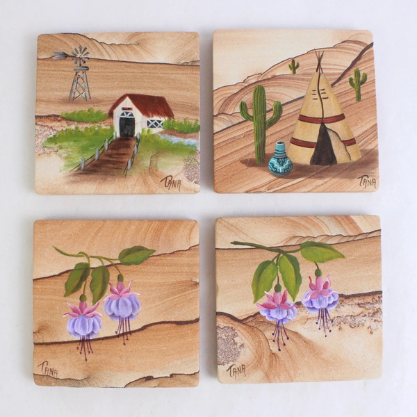 Set of 4 Hand-Painted Southwestern Scene Coasters 3.5"