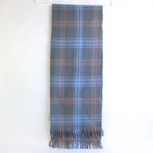 Vintage Rose Cloak & Suit Co. Gray Blue and Brown Plaid Acrylic Scarf 11" x 57"