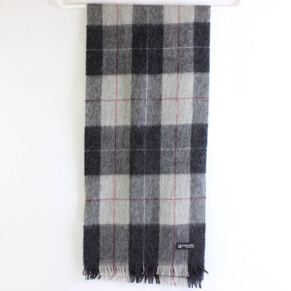 Vintage Don Loper Gray and Red Plaid Scarf with Fringe 11" x 49"