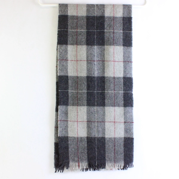 Vintage Don Loper Gray and Red Plaid Scarf with Fringe 11" x 49"