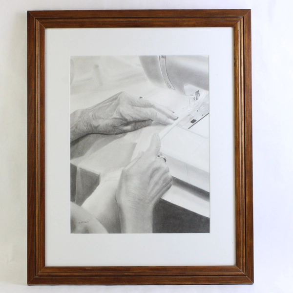 Gordon McCann Framed & Matted Sewing Hands Original Graphite Drawing 23 x 18.5"