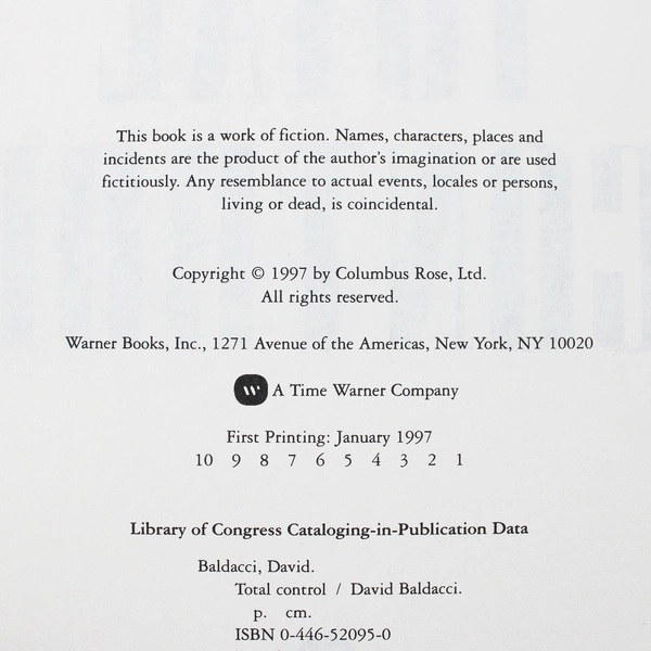 Total Control A Novel By David Baldacci (1997, Hardcover, Warner Brooks)