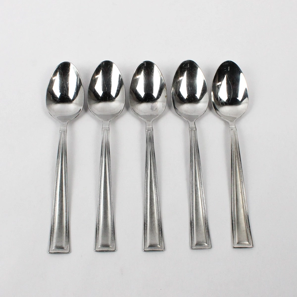 Set of 5 Pfaltzgraff Miranda Sand Stainless Steel Oval Soup Spoons