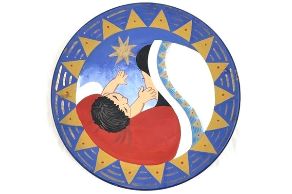 Vintage Hand Painted Peru Pottery Plate Mother Child Star Triangle Pattern