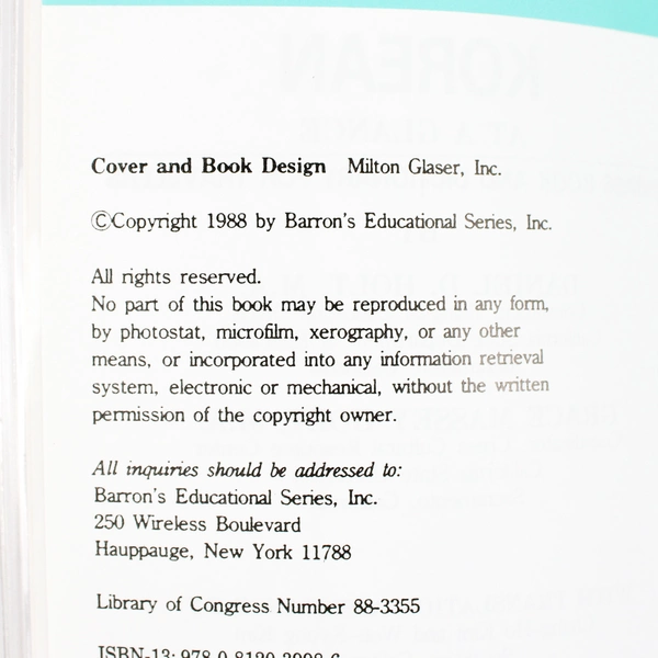 Barron's Korean at a Glance 1988 Phrase Book & Dictionary 1988 PB Plastic DJ