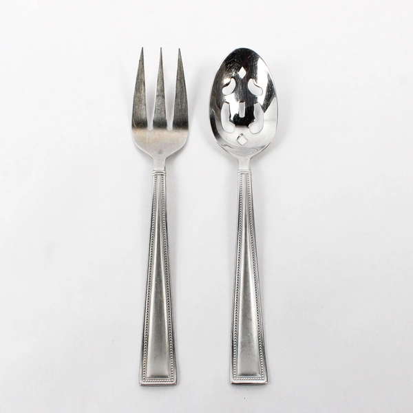 2 Pc Set Pfaltzgraff Miranda Sand Stainless Steel Pierced Serving Spoon & Fork