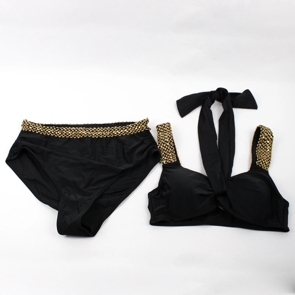 Black Two-Piece Bikini Swimsuit with Gold Accents Women's Large