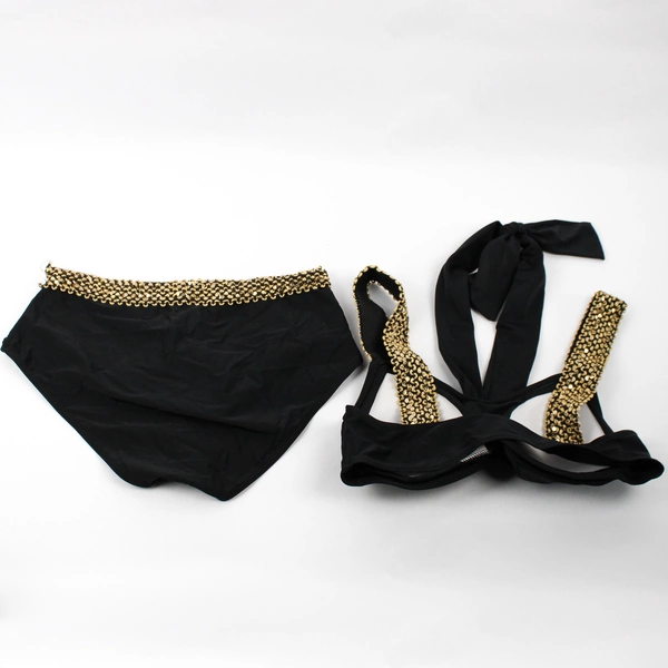 Black Two-Piece Bikini Swimsuit with Gold Accents Women's Large