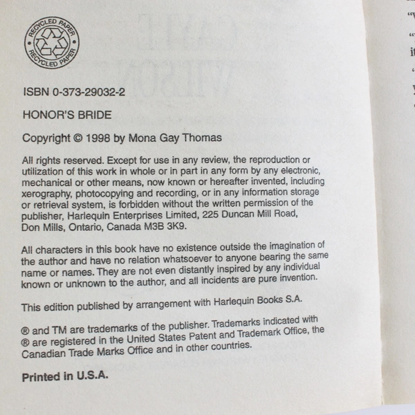 Harlequin Historical Novel Honor's Bride by Gayle Wilson 1998 Paperback