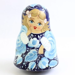 Handmade In Russia Musical Roly Poly Wooden Doll Blues 5"