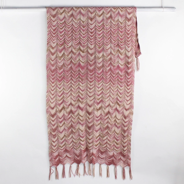 Handmade Pink and Brown Knit Throw Blanket with Fringe 47" x 85"
