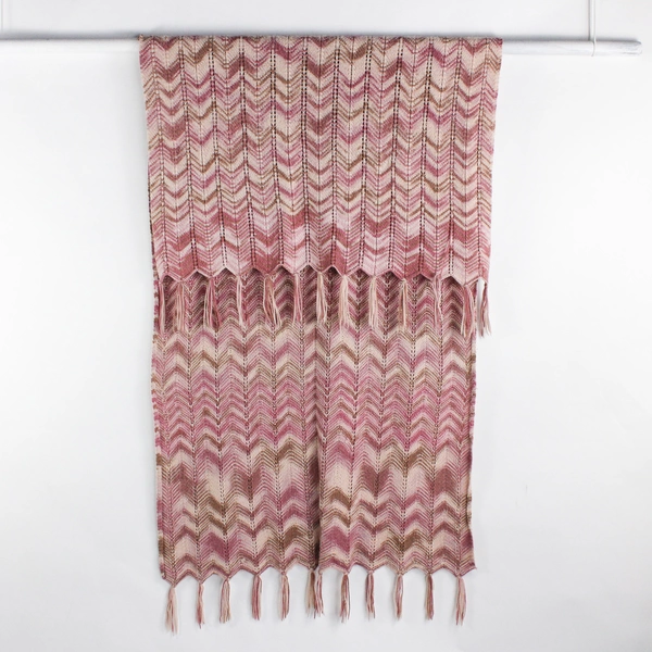 Handmade Pink and Brown Knit Throw Blanket with Fringe 47" x 85"