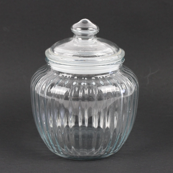 Ribbed Glass Storage Jar with Lid 7.25 Inch