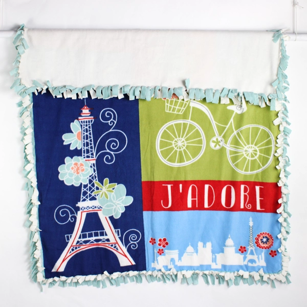 Handmade Multicolor Retro Paris Themed Fleece Tie Blanket 56" x 64"