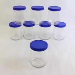 8 Clear Tapered Glass Jars With Blue Plastic Screw On Lids for Storage Or DIY