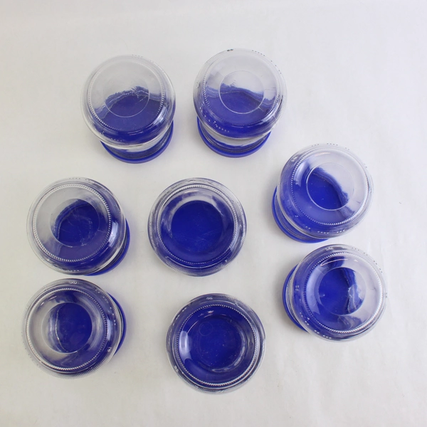8 Clear Tapered Glass Jars With Blue Plastic Screw On Lids for Storage Or DIY