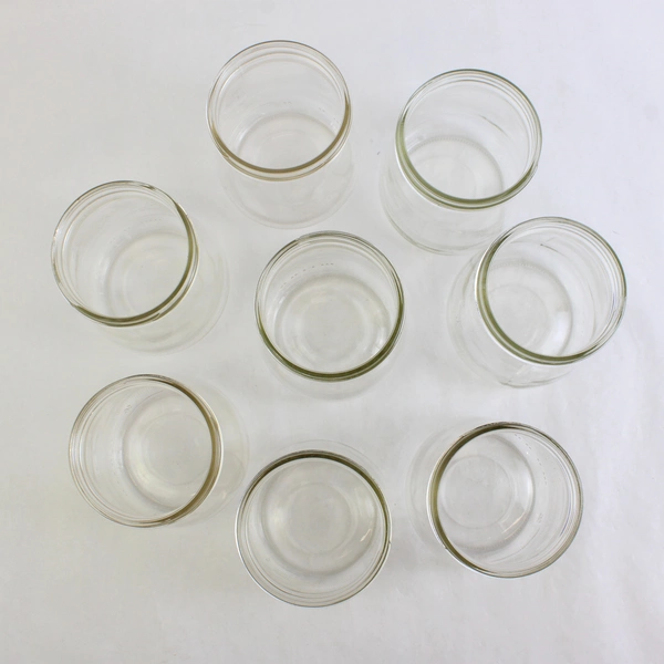 8 Clear Tapered Glass Jars With Blue Plastic Screw On Lids for Storage Or DIY