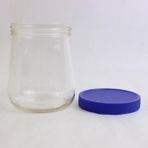 8 Clear Tapered Glass Jars With Blue Plastic Screw On Lids for Storage Or DIY