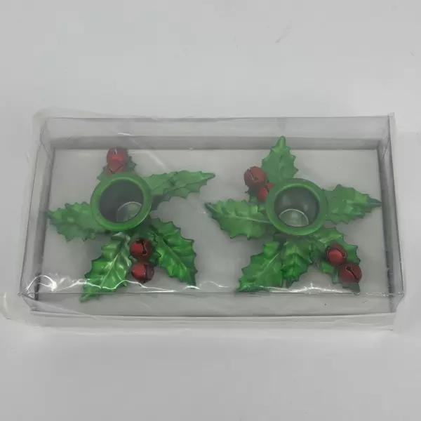 Set Of 2 Vintage Dept 56 Holly Bell Christmas Taper Candle Adapters 1880-5 NIP