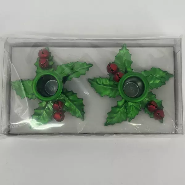 Set Of 2 Vintage Dept 56 Holly Bell Christmas Taper Candle Adapters 1880-5 NIP