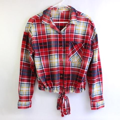 No Boundaries Red Yellow Blue Plaid Tie-Waist Button Up Juniors Large 11-13