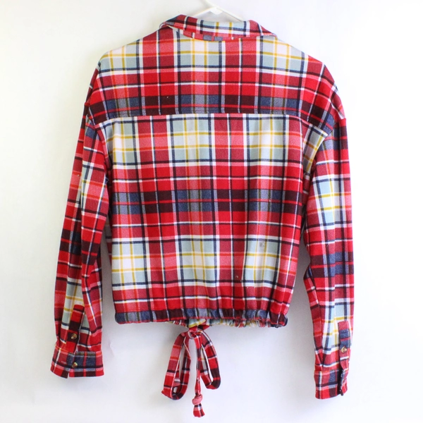 No Boundaries Red Yellow Blue Plaid Tie-Waist Button Up Juniors Large 11-13