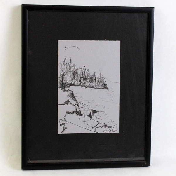 Framed 4 x 6 Pen and Ink Shoreline Drawing Signed 