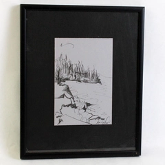 Framed 4 x 6 Pen and Ink Shoreline Drawing Signed 