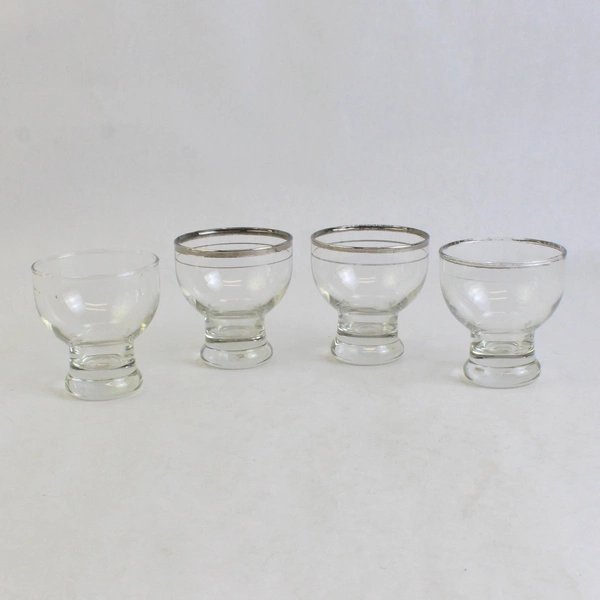 Set of 4 Vintage Mini Cocktail Shot Glasses Clear & Silver Rim 3" Tall