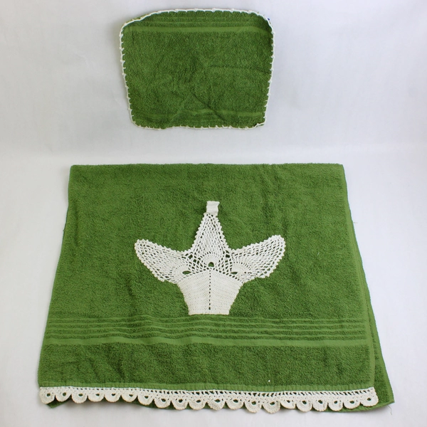 2 Piece Vintage Cannon Green Bath Towel and Wash Cloth Set Lace Detail