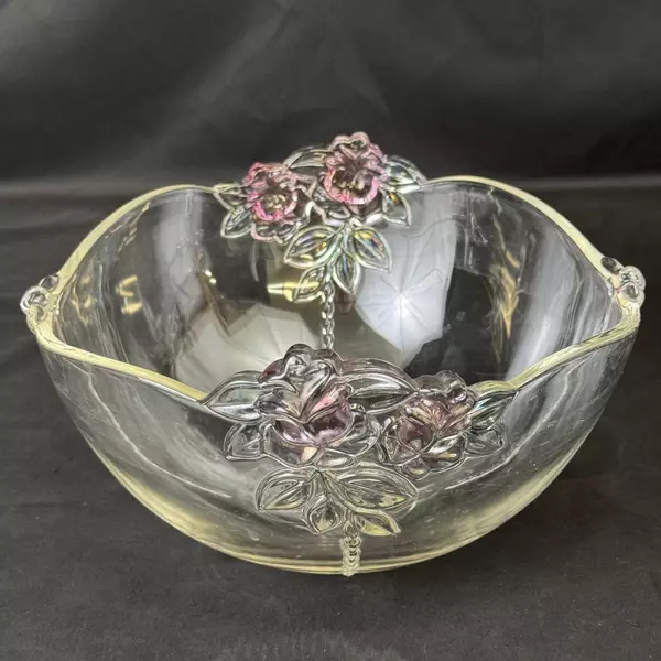 Home Beautiful Sans Souci Oval Crystal Serving Bowl Embossed Pink Roses 10.25"