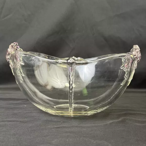 Home Beautiful Sans Souci Oval Crystal Serving Bowl Embossed Pink Roses 10.25"