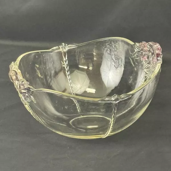 Home Beautiful Sans Souci Oval Crystal Serving Bowl Embossed Pink Roses 10.25"
