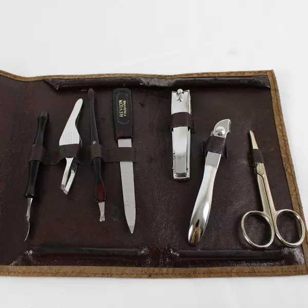 Vintage Revlon Nail Kit with Original Leather Roll Up Case Classic Manicure Set