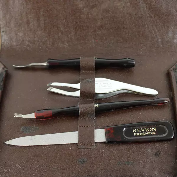 Vintage Revlon Nail Kit with Original Leather Roll Up Case Classic Manicure Set