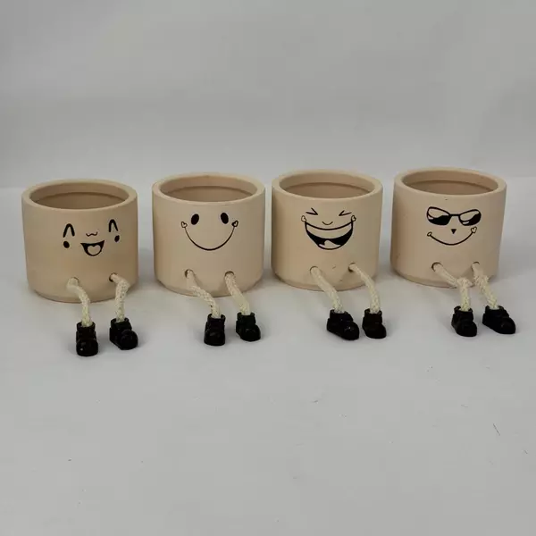 Set of 4 Smiling Ceramic Shelf Planters with Legs And Feet Beige