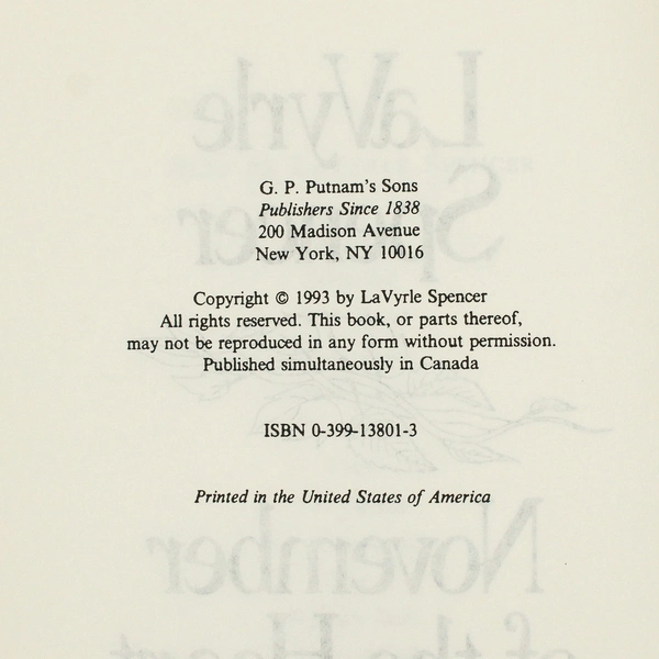 November of the Heart by LaVyrle Spencer 1993 Hardcover Victorian Romance