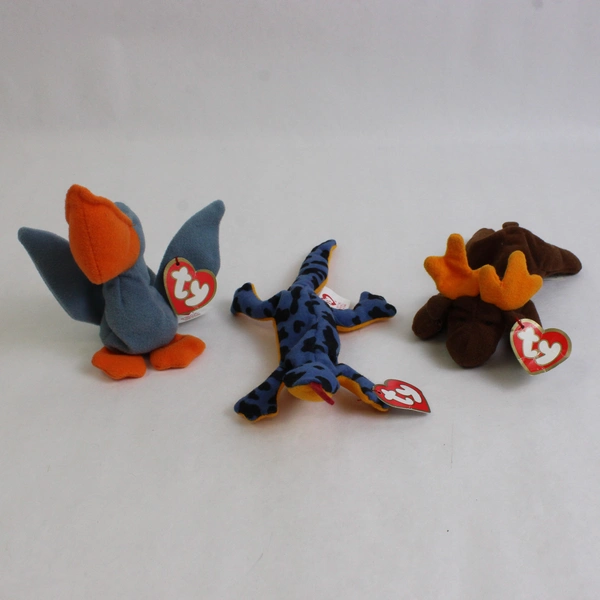Lot of 3 Teenie Beanie Babies 1993 Scoop Pelican Lizz Lizard Chocolate Moose