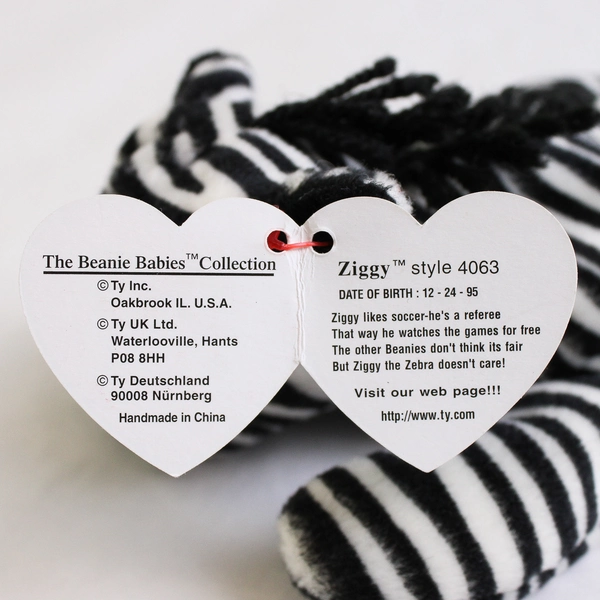 TY Beanie Baby Ziggy 1995 Black White Zebra With Tag Plush Toy #4063