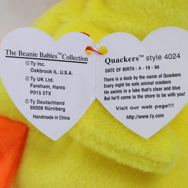 TY Beanie Baby Quackers 1993 Yellow Duck With Tag Plush Toy #4024