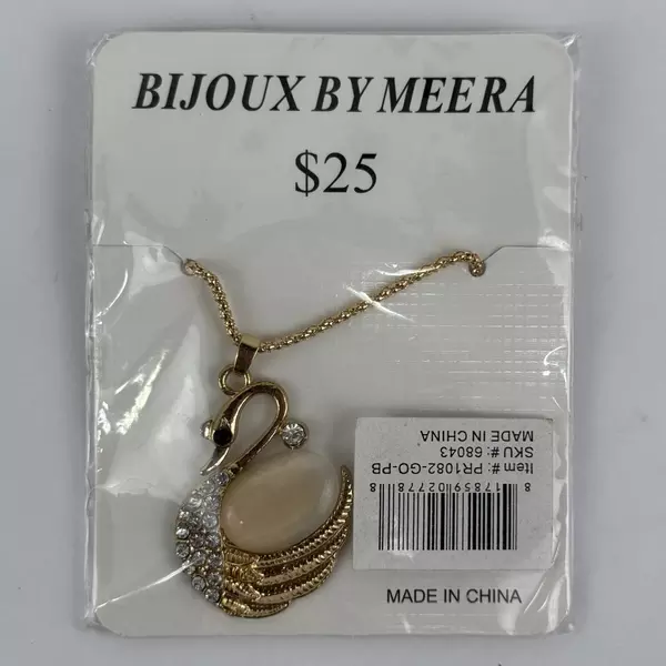 Bijoux by Meera Gold Tone Swan Pendant Necklace With Clear Rhinestones