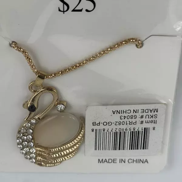 Bijoux by Meera Gold Tone Swan Pendant Necklace With Clear Rhinestones