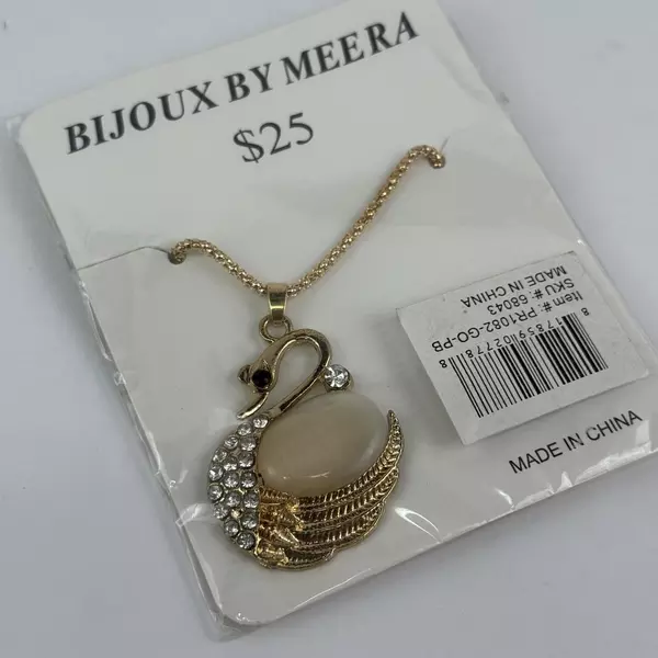 Bijoux by Meera Gold Tone Swan Pendant Necklace With Clear Rhinestones