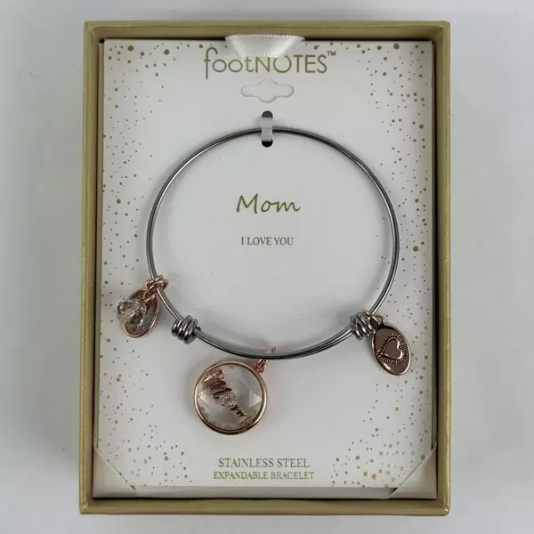 Footnotes Bracelet Mom I Love You Stainless Steel Expandable Bangle Heart Charm