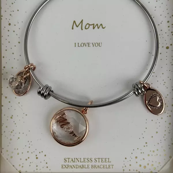 Footnotes Bracelet Mom I Love You Stainless Steel Expandable Bangle Heart Charm