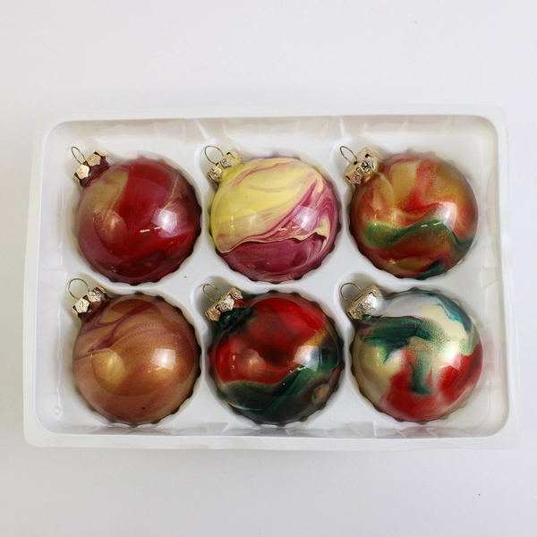 Lot Of 6 Handmade Glass Ball Hanging Christmas Ornaments Red/Green/Gold