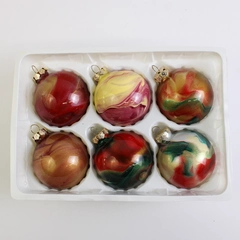 Lot Of 6 Handmade Glass Ball Hanging Christmas Ornaments Red/Green/Gold