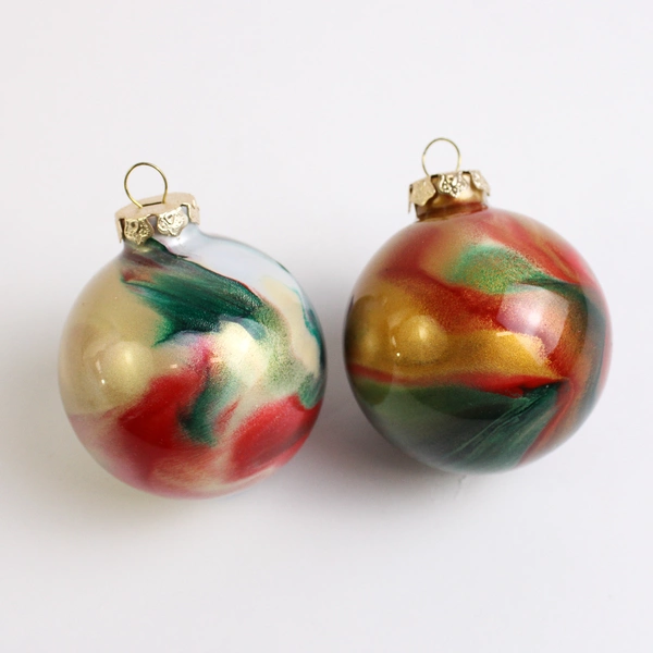 Lot Of 6 Handmade Glass Ball Hanging Christmas Ornaments Red/Green/Gold