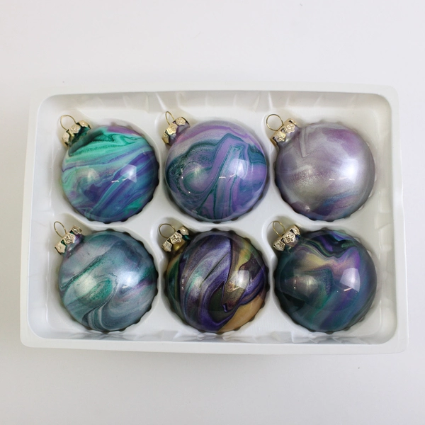 Lot Of 6 Handmade Glass Ball Hanging Christmas Ornaments Dark Green/Purple