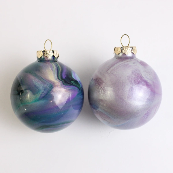 Lot Of 6 Handmade Glass Ball Hanging Christmas Ornaments Dark Green/Purple